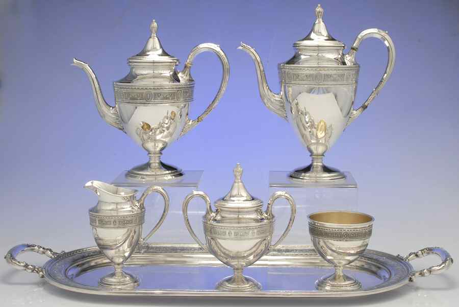Wedgwood (Sterling, Hollowware, Geometric Base) 6 Piece Tea Set (SCP, STP, SCR, SSU, SWB, WTL) by International Silver-1