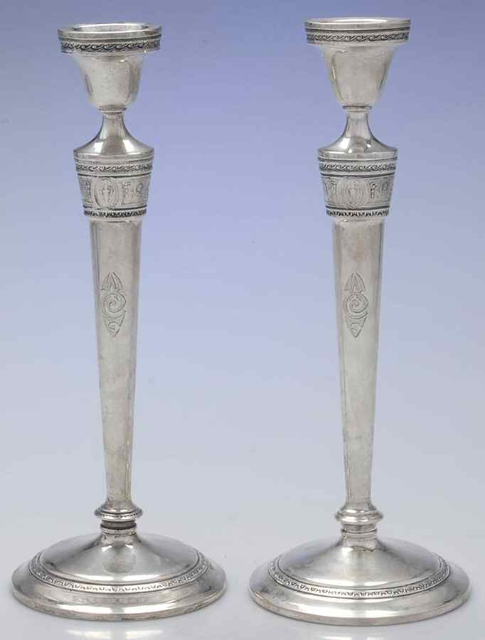 Wedgwood (Sterling, Hollowware, Geometric Base) Pair of Weighted Candlesticks by International Silver-1