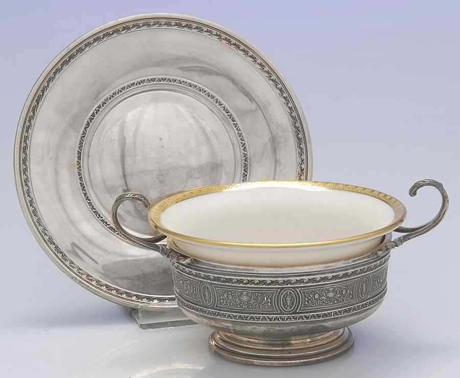 Wedgwood (Sterling, Hollowware, Geometric Base) Bouillon Cup with Liner & Underplate by International Silver-1