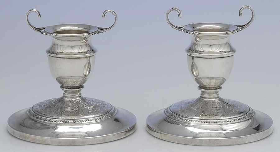 Wedgwood (Sterling, Hollowware, Geometric Base) Pair of Weighted Candleholders by International Silver-1