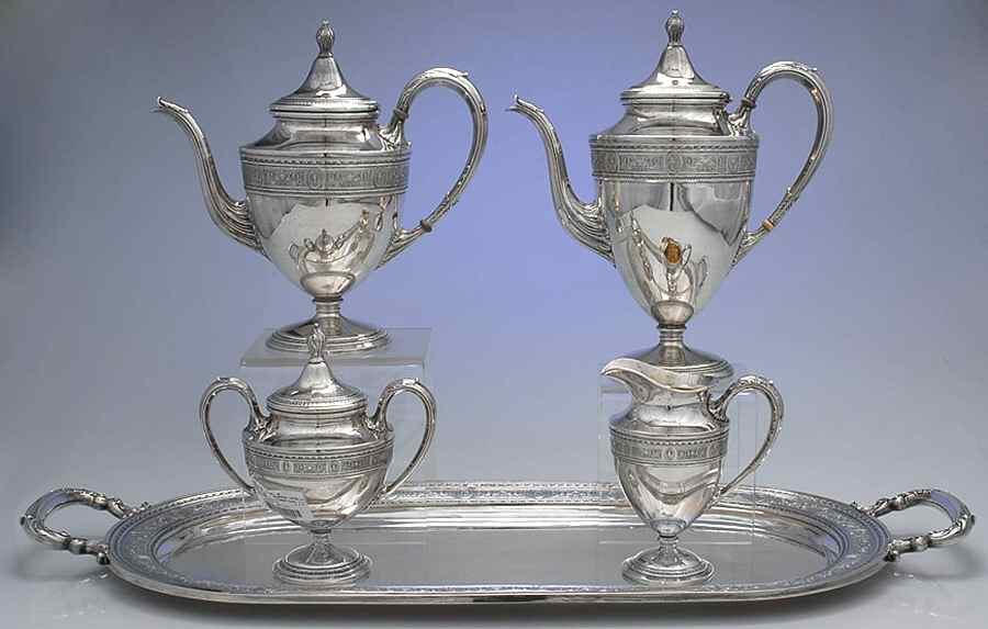 Wedgwood (Sterling, Hollowware, Geometric Base) 5 Piece Tea Set (SCP, STP, SCR, SSU, WTL) by International Silver-1