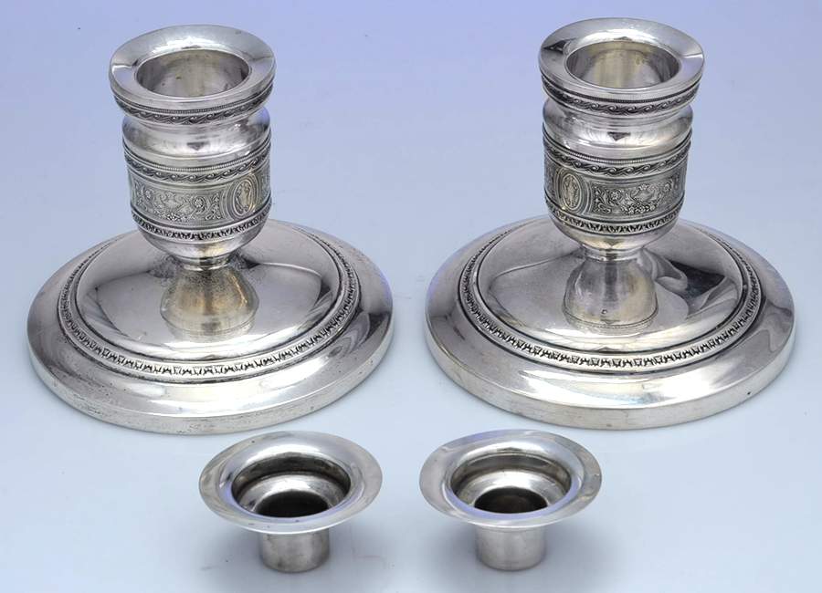 Wedgwood (Sterling, Hollowware, Geometric Base) Pair of Weighted Candleholders & Bobeches by International Silver-1