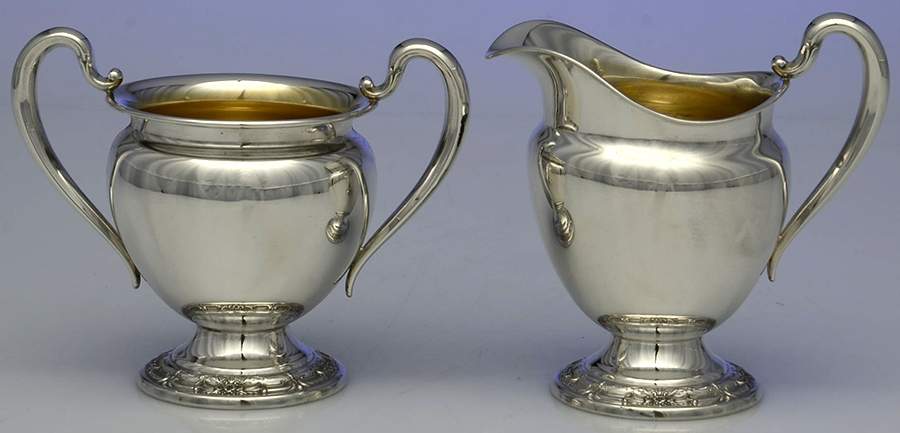 Wild Rose-New (Sterling, 1948, New, Hollowware) Mini Sterling Creamer and Open Sugar by International Silver-1