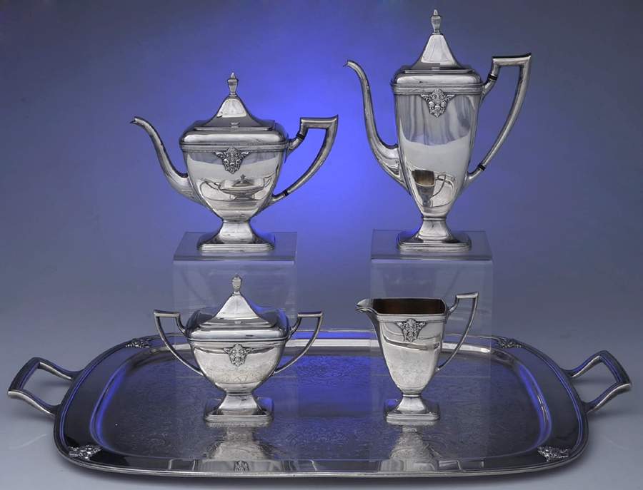 Adoration (Silverplate, Hollowware) 5-Piece Silverplate Tea Set (with Tray) by International Silver-1