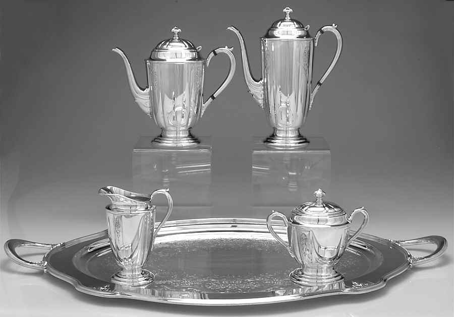 Ambassador (Silverplate, Hollowware) 5-Piece Silverplate Tea Set (with Tray) by International Silver-1