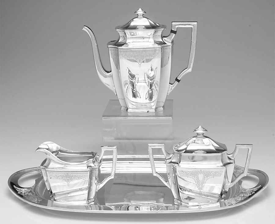 Ancestral (Silverplate, Hollowware) Coffee Set-3 Pc and Tray by International Silver-1
