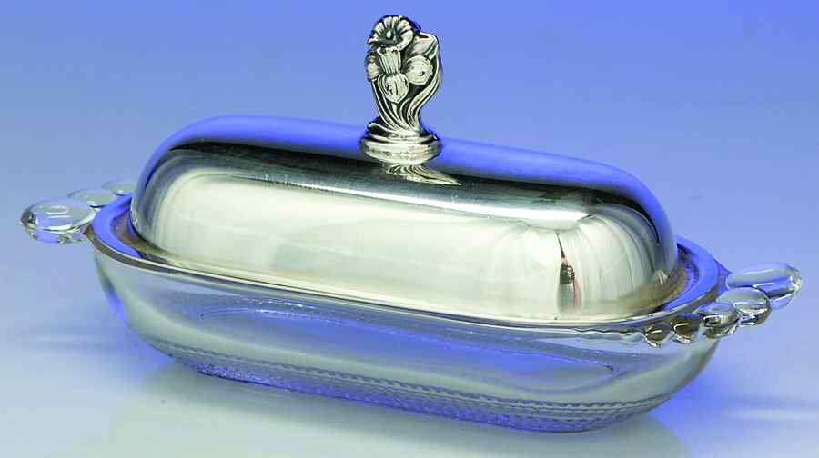 Daffodil (Silverplate, Hollowware) Crystal Butter with Silverplate Lid by International Silver-1