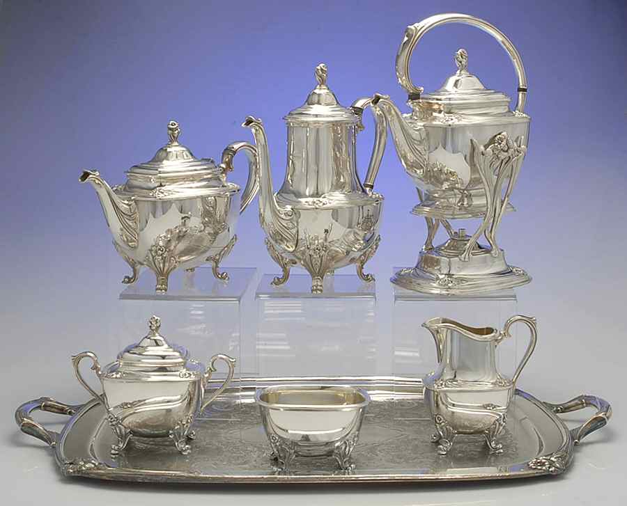 Daffodil (Silverplate, Hollowware) 7-Piece Plated Tea Set (w/ Waste, Kttle & Try) by International Silver-1