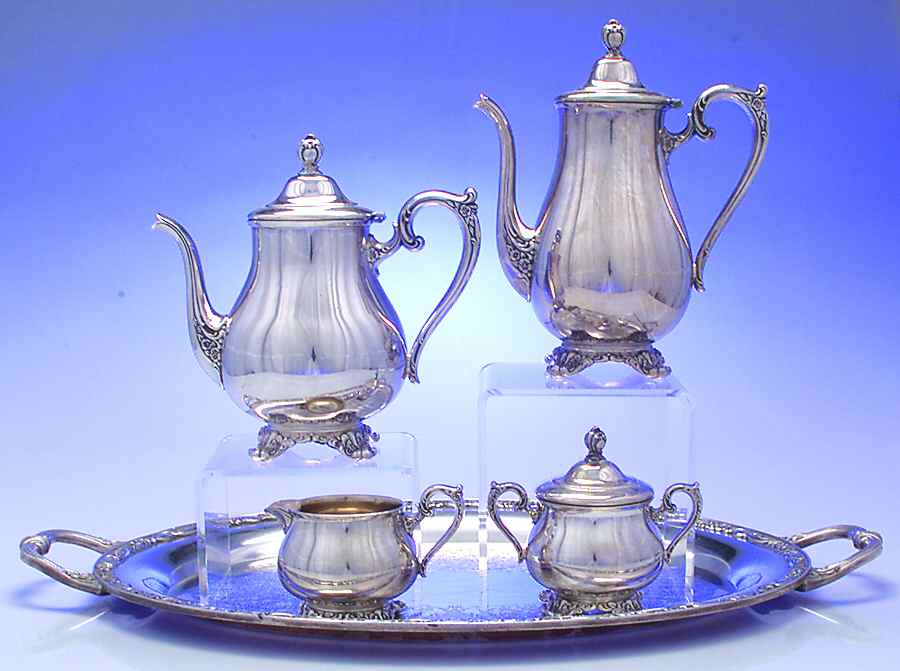Victorian Rose (Silverplate, Hollowware) 5-Piece Silverplate Tea Set (with Tray) by International Silver-1