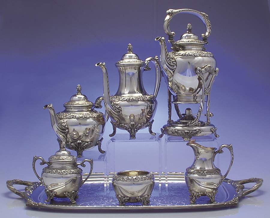 Heritage (Silverplate, Hollowware) 7-Piece Plate Tea Set (Waste,Kettle,Tray)Plated by International Silver-1