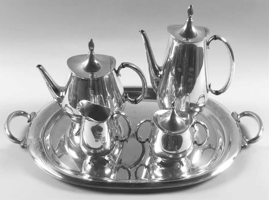 Springtime (Silverplate, Hollowware) 5-Piece Silverplate Tea Set (with Tray) by International Silver-1