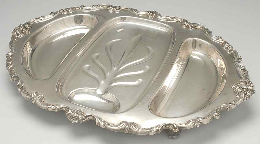 Orleans (Silverplate, Hollowware) Large 3-Part Footed Meat Platter by International Silver-1