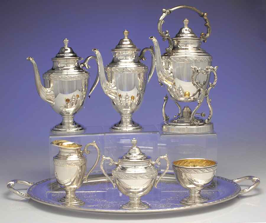 Spring Flower (Silverplate, Hollowware) 7-Piece Plated Tea Set (w/ Waste, Kttle & Try) by International Silver-1