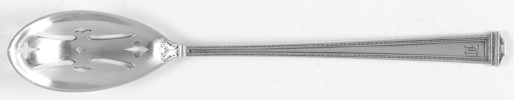 Pantheon (Sterling, 1920, Monograms) Pierced Bowl Short Handle Olive Spoon by International Silver-1