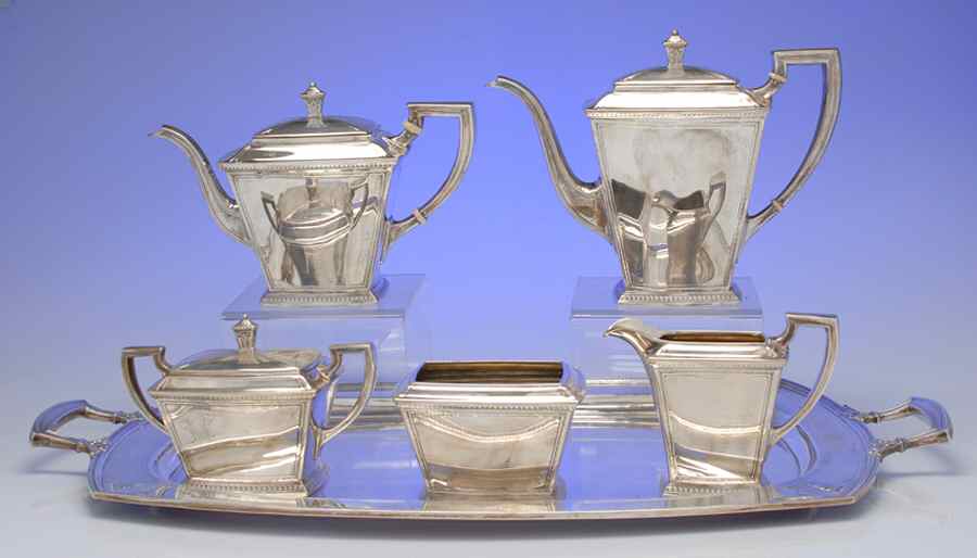 Pantheon (Sterling, 1920, Hollowware) 6 Piece Tea Set (SCP, STP, SCR, SSU, SWB, WTL) by International Silver-1
