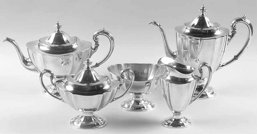 1810 (Sterling, 1930, Hollowware) 5 Piece Tea Set (SCP, STP, SCR, SSU, SWB) by International Silver-1