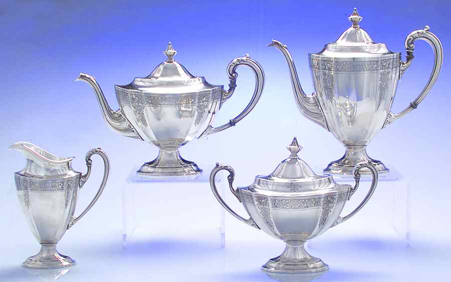 1810-Engraved (Sterling, 1930, Hollowware) 4 Piece Tea Set (SCP, STP, SCR, SSU) by International Silver-1