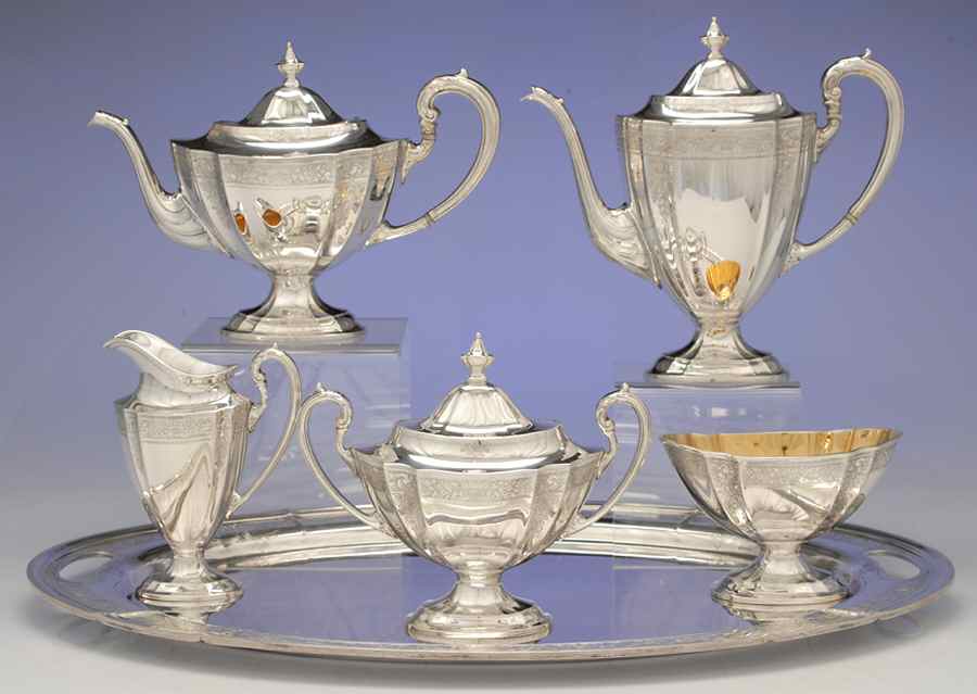 1810-Engraved (Sterling, 1930, Hollowware) 6 Piece Tea Set (SCP, STP, SCR, SSU, SWB, WTL) by International Silver-1