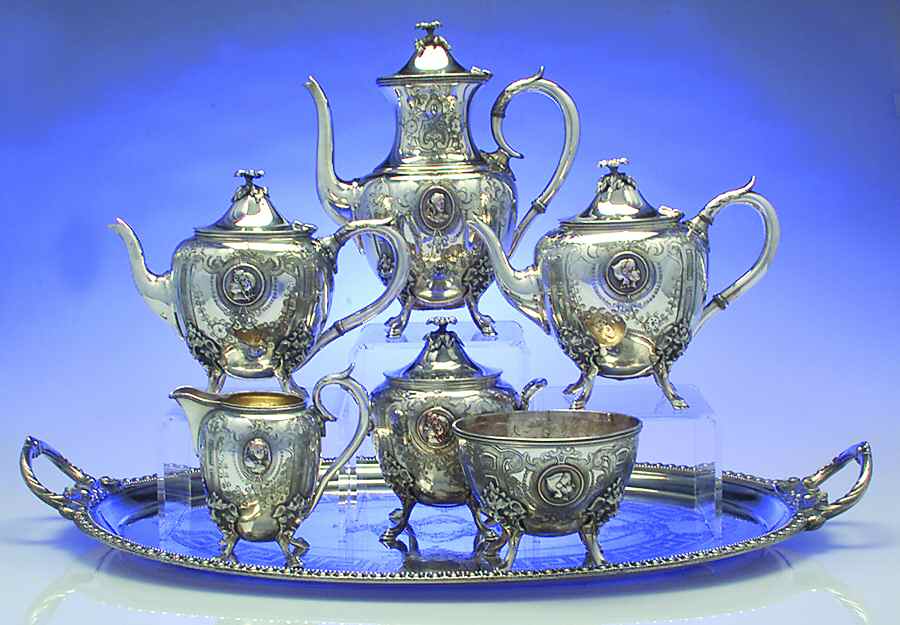 Medallion (Silverplate, 1867, Hollowware) 7-Piece Tea Set (CP, CR, SU, WST, TRY, 2 TP) by International Silver-1