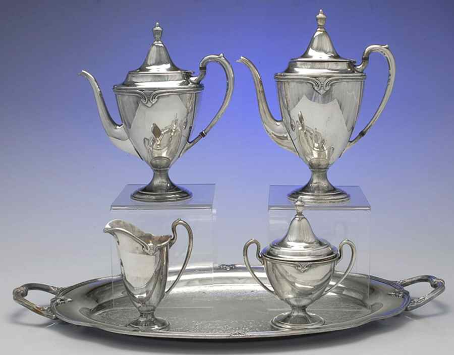 Moonbeam (Silverplate, Hollowware) 5-Piece Silverplate Tea Set (with Tray) by International Silver-1