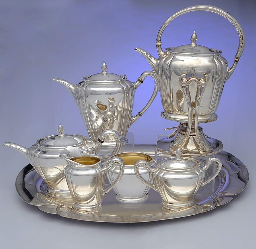 Orchid (Sterling, 1929-30, Hollowware) 7 Piece Tea Set (SCP, STP, SCR, SSU, SWB, SKES & WTL) by International Silver-1