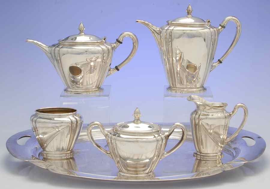 Orchid (Sterling, 1929-30, Hollowware) 6 Piece Tea Set (SCP, STP, SCR, SSU, SWB, WTL) by International Silver-1