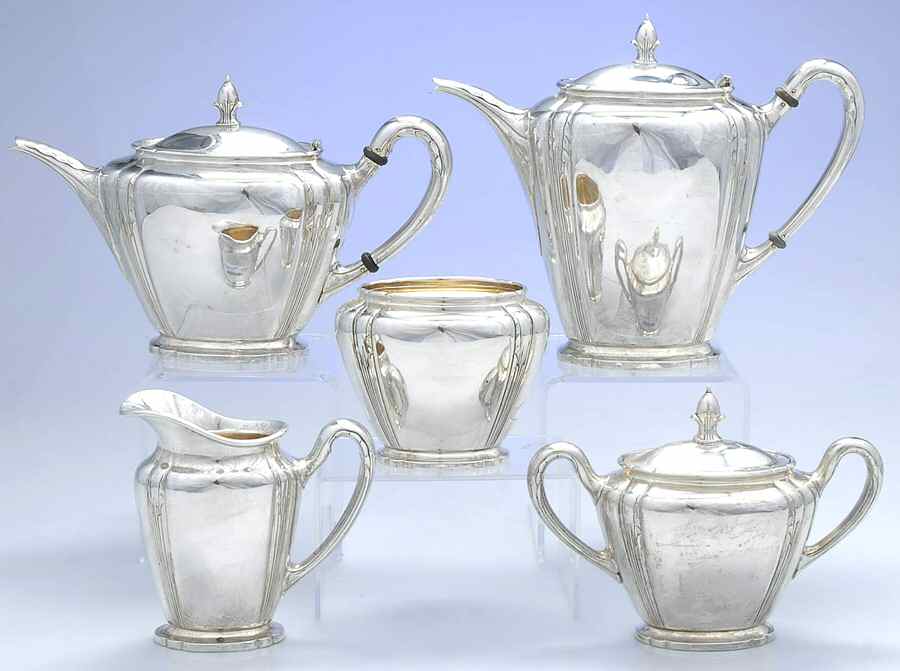 Orchid (Sterling, 1929-30, Hollowware) 5 Piece Tea Set (SCP, STP, SCR, SSU, SWB) by International Silver-1