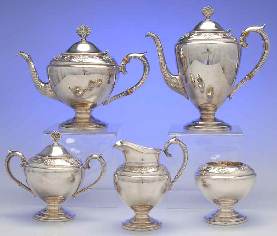 Queen's Lace (Sterling, 1949, Hollowware) 5 Piece Tea Set (SCP, STP, SCR, SSU, SWB) by International Silver-1