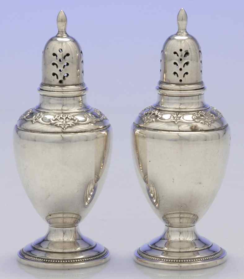 Queen's Lace (Sterling, 1949, Hollowware) Salt and Pepper Set by International Silver-1