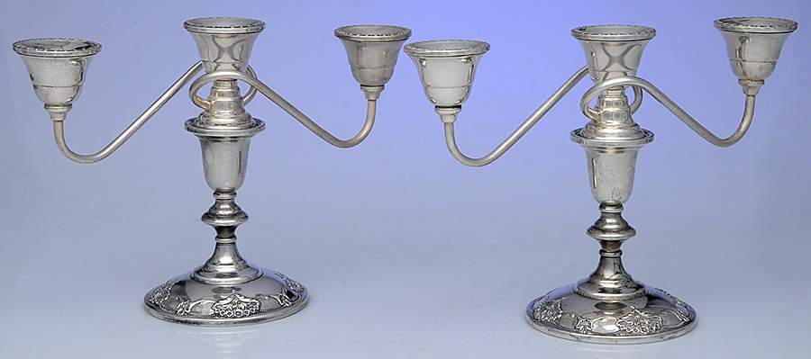 Queen's Lace (Sterling, 1949, Hollowware) Pair of Weighted 3 Light Candelabra by International Silver-1