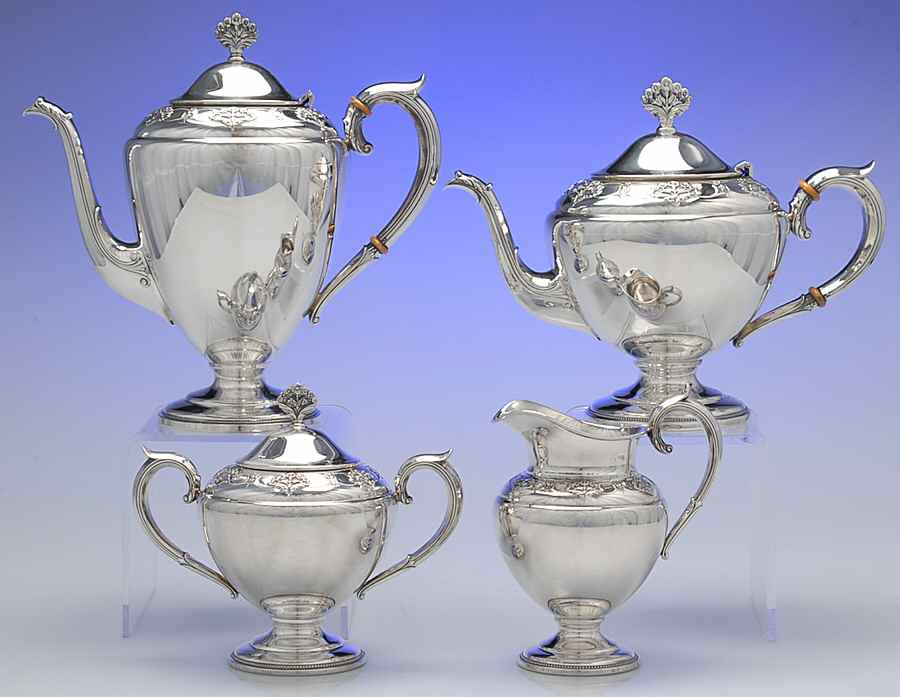 Queen's Lace (Sterling, 1949, Hollowware) 4 Piece Tea Set (SCP, STP, SCR, SSU) by International Silver-1