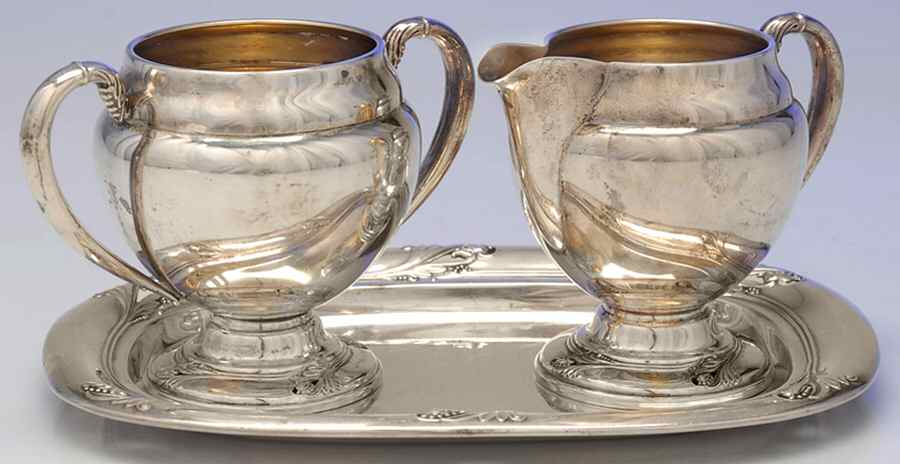 Spring Glory (Sterling, 1942, Hollow, C360) Mini Creamer, Open Sugar & Tray Set by International Silver-1