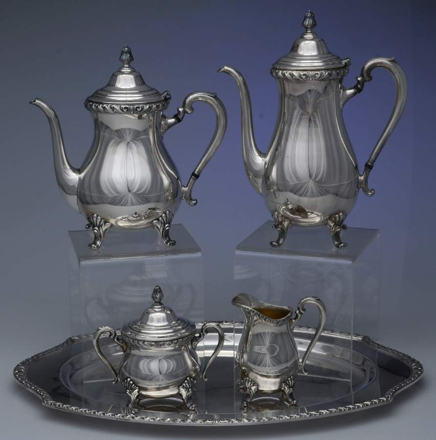 Wickford (Silverplate, Hollowware) 5-Piece Silverplate Tea Set (with Tray) by International Silver-1