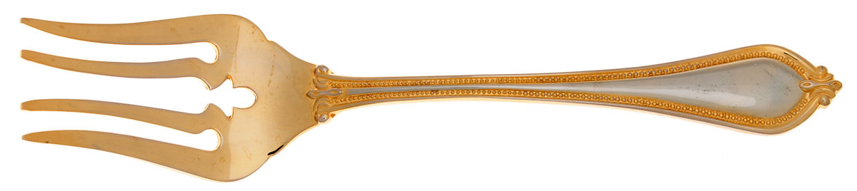 Yorkshire Bead-Gold (Gold Electroplate) Medium Solid Cold Meat Serving Fork by International Silver-1