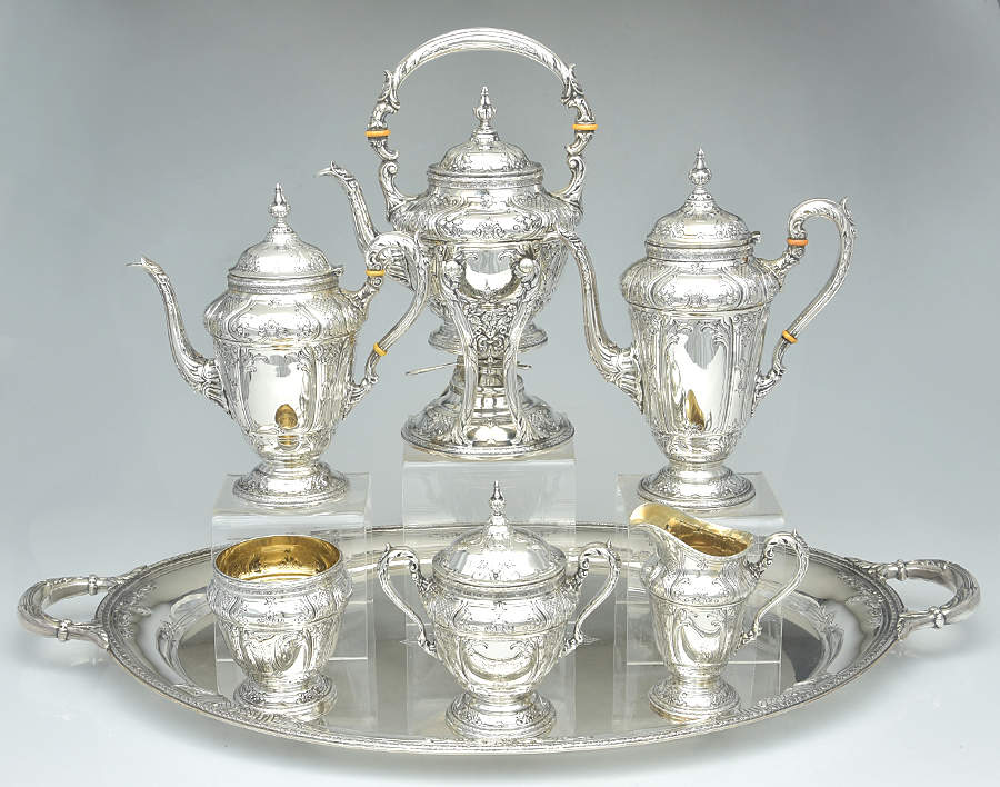 WC513 (Sterling, Hollowware) 7 Piece Tea Set (SCP, STP, SCR, SSU, SWB, SKES & WTL) by International Silver-1