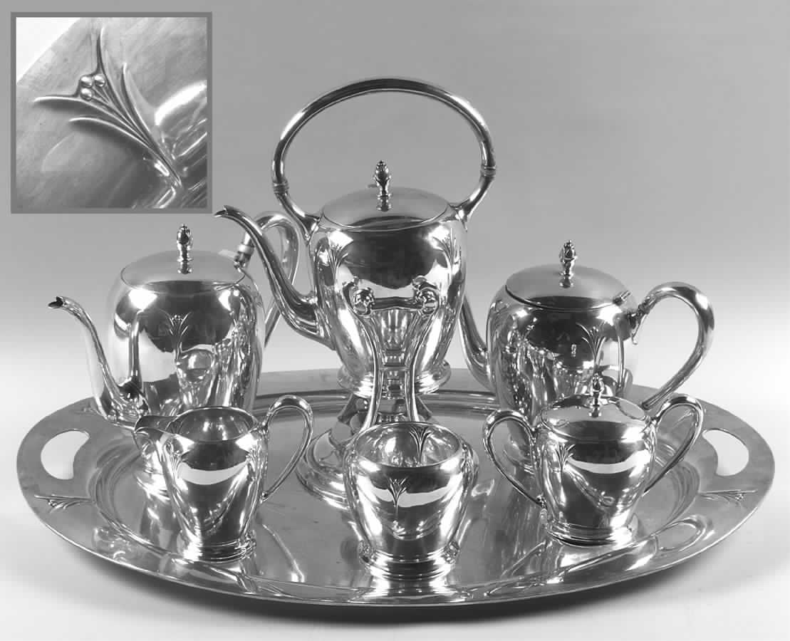 Elsinore (Sterling, 1931, Hollowware) 7 Piece Tea Set (SCP, STP, SCR, SSU, SWB, SKES & WTL) by International Silver-1