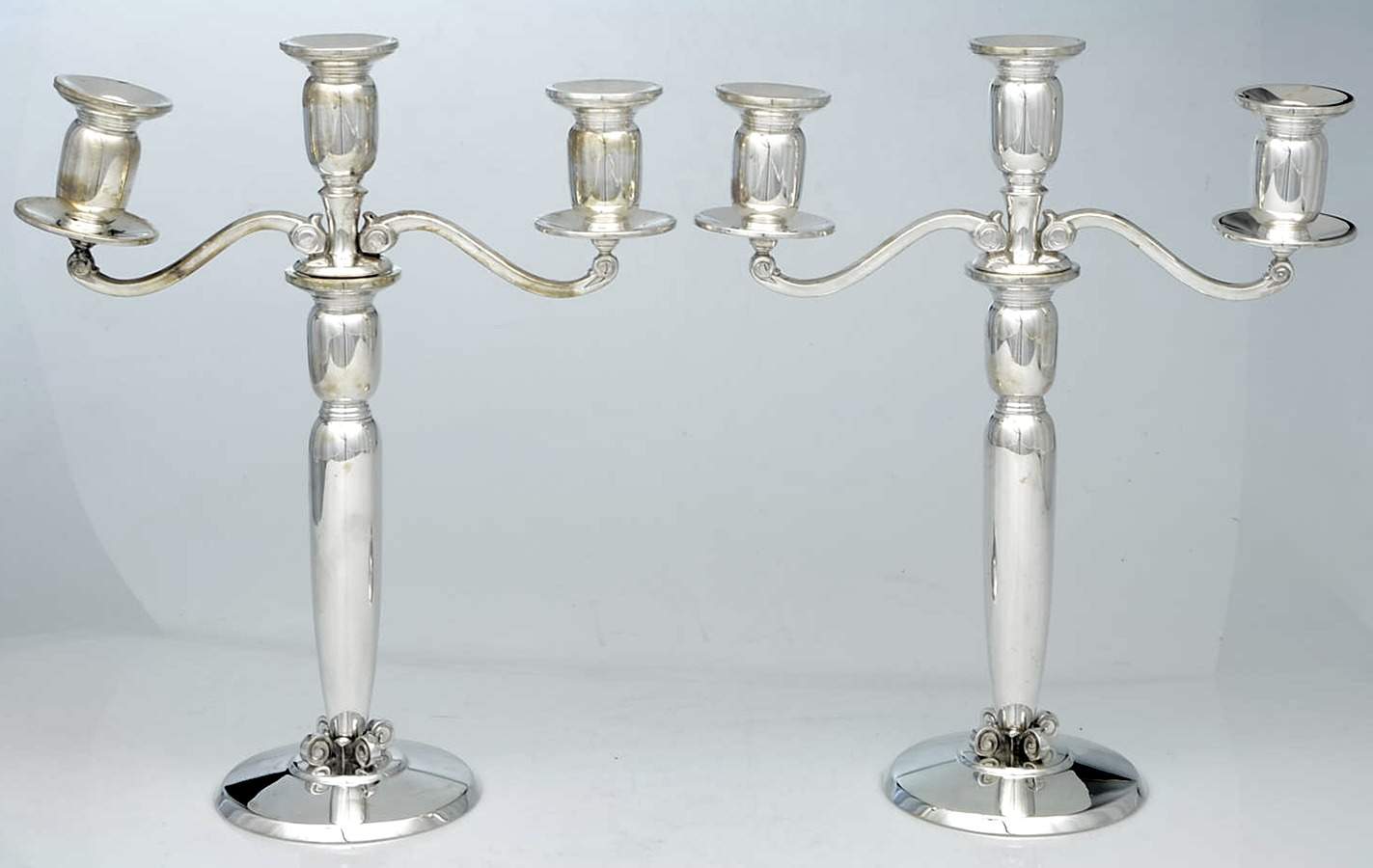 Northern Lights-1946-Plain (Sterling, Hollowware) Pair of 14" 3 Light Weighted Candelabras by International Silver-1