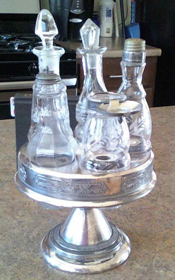 0586 (Silverplate, Hollowware) Cruet Set-5 Crystal Bottles W/Stand by International Silver-1