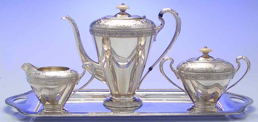 Normandie (Silverplate, 1887, Hollowware) 3-Piece Coffee Set and Tray by International Silver-1