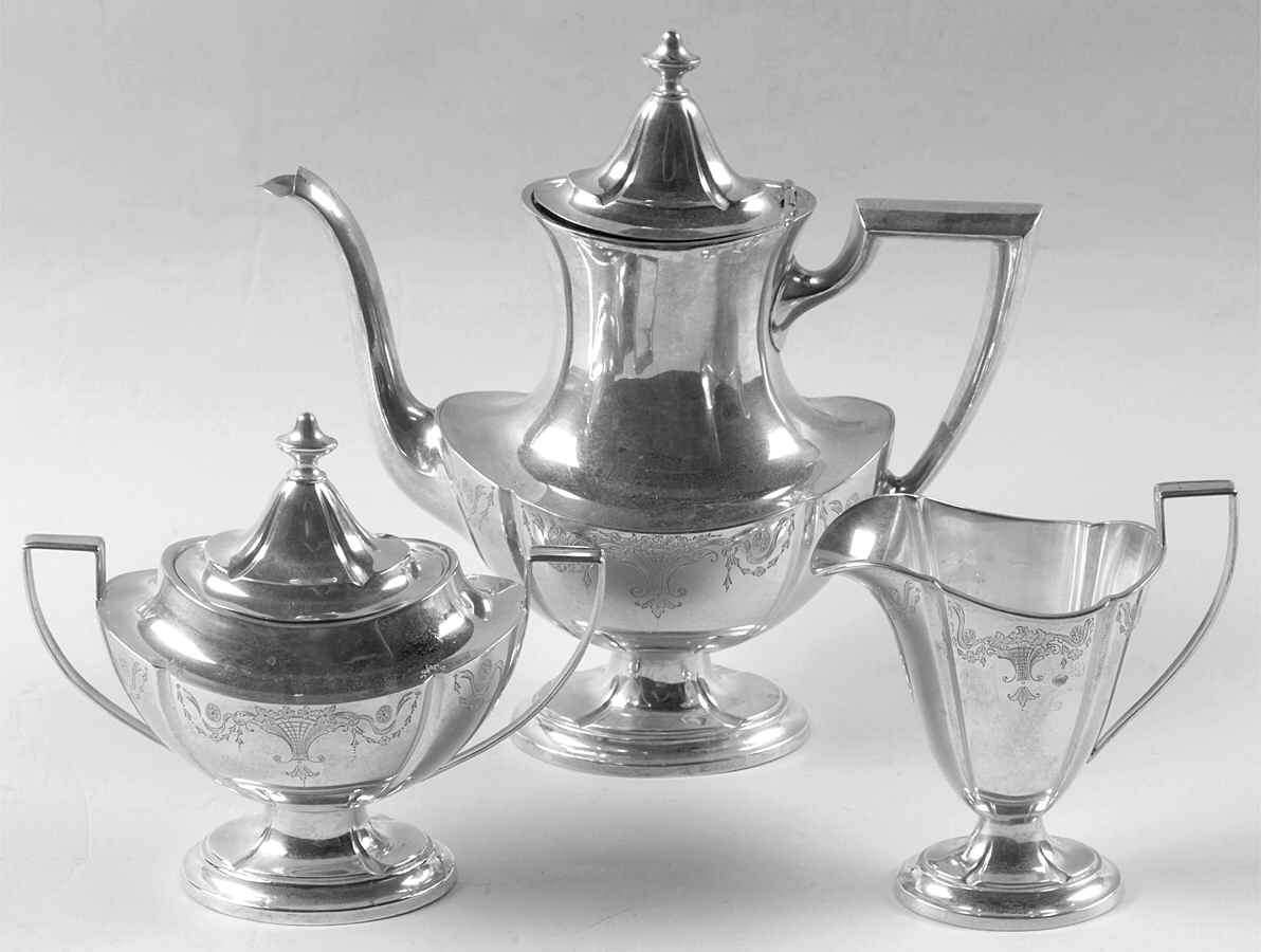 C301 (Sterling, Hollowware, Floral) 3 Piece Tea Set (STP, SCR, SSU) by International Silver-1