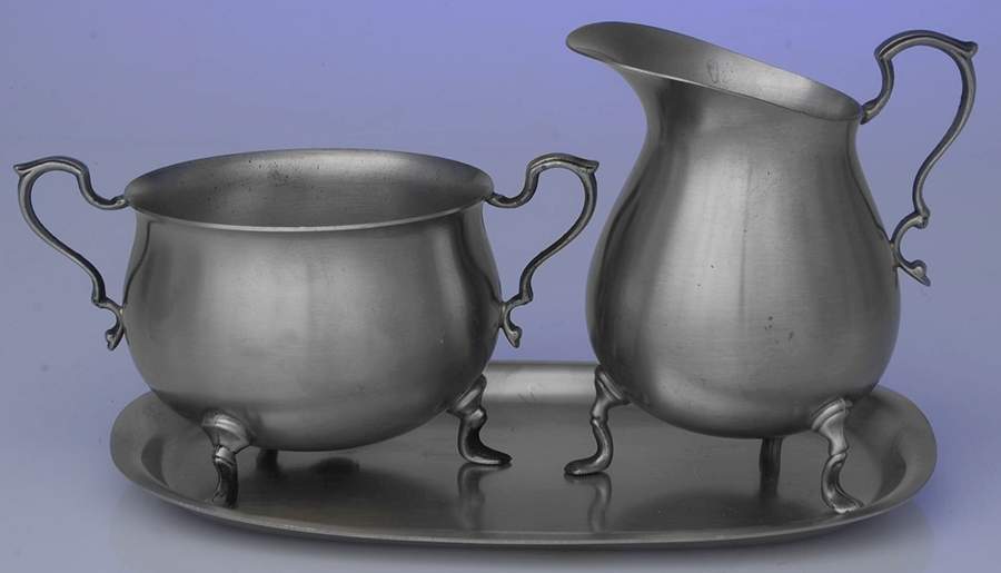 277 (Pewter, Hollowware) Creamer, Open Sugar & Tray Set by International Silver-1