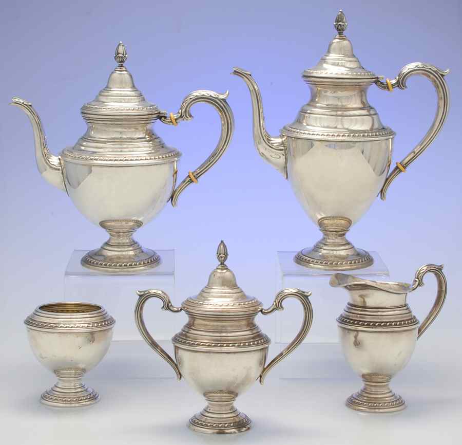 English Gadroon (Sterling, Hollowware) 5 Piece Tea Set (SCP, STP, SCR, SSU, SWB) by International Silver-1