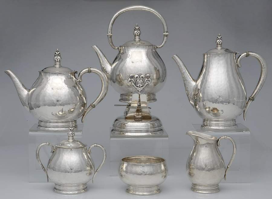 Royal Danish (Strl, Hlwr, Hand Hammered) 6 Piece Tea Set (SCP, STP, SCR, SSU, SWB, SKES) by International Silver-1