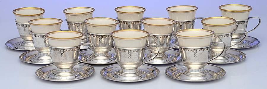 P38-3 (Sterling, Hollowware) Demi Cup and Saucer with Lenox Liner - Set of 12 by International Silver-1