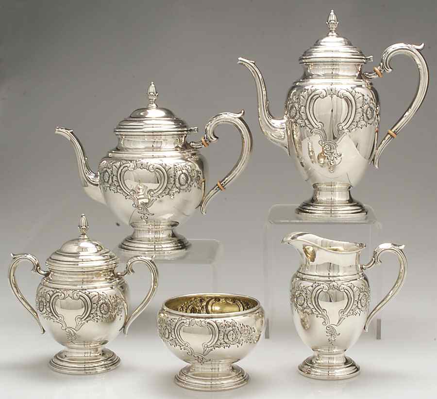 Lord Saybrook-Hand Chased 5 Piece Tea Set (SCP, STP, SCR, SSU, SWB) by International Silver-1