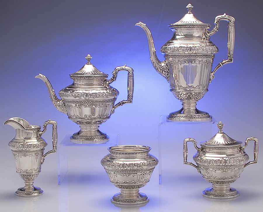 Marie Antoinette (Sterling, Hollowware) 5 Piece Tea Set (SCP, STP, SCR, SSU, SWB) by International Silver-1