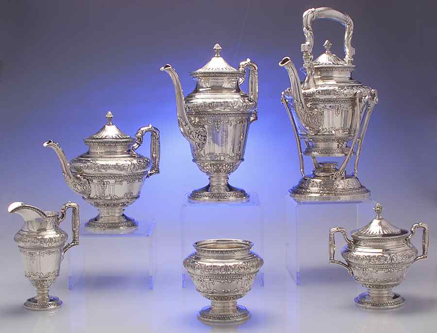 Marie Antoinette (Sterling, Hollowware) 6 Piece Tea Set (SCP, STP, SCR, SSU, SWB, SKES) by International Silver-1