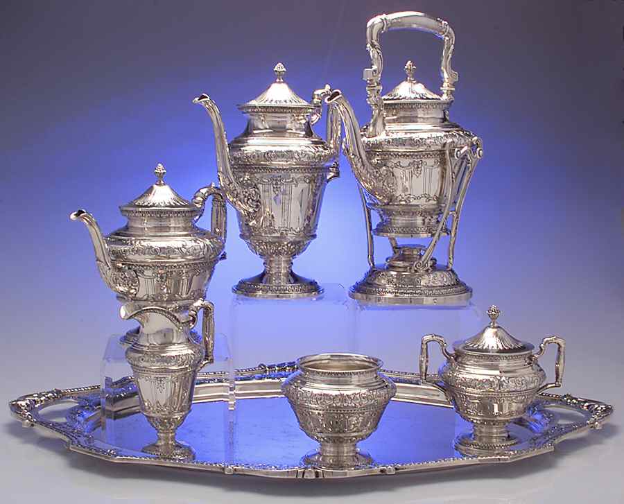 Marie Antoinette (Sterling, Hollowware) 7 Piece Tea Set (SCP, STP, SCR, SSU, SWB, SKES & WTL) by International Silver-1
