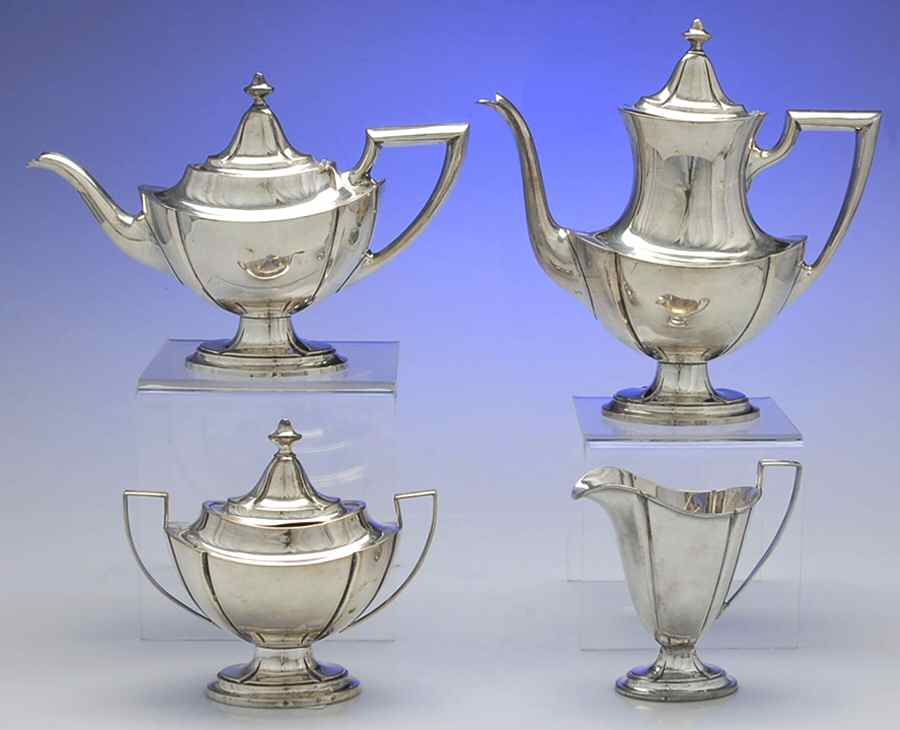 C301 (Sterling, Hollowware, Plain) 4 Piece Tea Set (SCP, STP, SCR, SSU) by International Silver-1