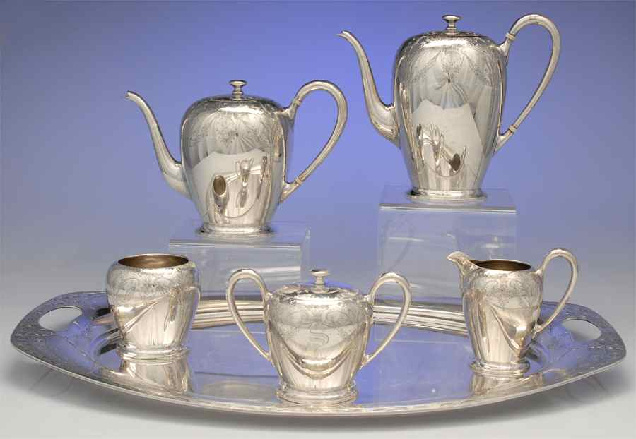 Sedan (Strl, Hlwr, Engraved Floral Swags) 6 Piece Tea Set (SCP, STP, SCR, SSU, SWB, WT24) by International Silver-1